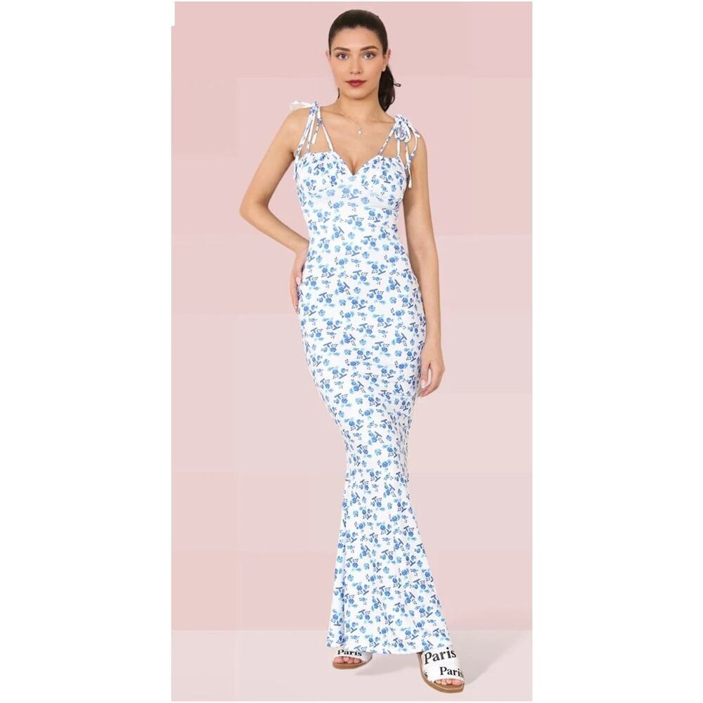 Parthea Maxi Dress Small Blue Floral Tie Strap Slinky Bodycon Cottagecore Soft